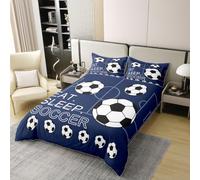 Manfei Parure de lit 2 pièces avec housse de couette 100 % coton pour lit simple, motif « Eat Sleep Soccer », housse de couette sur le thème des jeux sportifs, décoration de chambre pour enfants