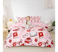 Manfei Parure de lit 2 pièces avec housse de couette romantique pour la Saint-Valentin, motif lettre d'amour rouge, nœud et nœud pour enfants, filles, garçons, couples, amoureux, housse de couette