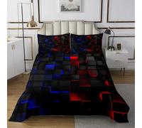 Manfei Parure de lit 2 pièces matelassée en nid d'abeille géométrique pour chambre d'enfant, couvre-lit carré 3D bleu fluo et rouge, pour lit simple, 2 pièces avec 1 taie d'oreiller