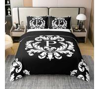 Manfei Parure de lit 3 pièces 100 % coton avec housse de couette à motif floral damassé avec monogramme P (pas de couette) style baroque victorien antique pour très grand lit