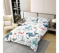 Manfei Parure de lit 3 pièces 100 % coton pour très grand lit, poulpe, baleine, crabe, étoile de mer, motif bateau à voile, décoration de chambre d'enfant, garçons et filles, 2 taies d'oreiller, sans