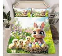 Manfei Parure de lit 3 pièces avec 2 taies d'oreiller, motif lapin, petits poussins, lapins, œufs colorés, parure de lit douce (sans plat)