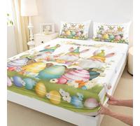 Manfei Parure de lit 3 pièces avec 2 taies d'oreiller, motif nains de printemps mignons, œufs colorés, fleurs, lapin, pour très grand lit, décoration de chambre d'enfant (sans plat)