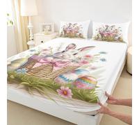 Manfei Parure de lit 3 pièces avec 2 taies d'oreiller sur le thème de Pâques avec 2 taies d'oreiller, pour très grand lit, motif lapin, aquarelle, fleurs colorées, literie douce (sans plat)