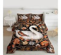 Manfei Parure de lit 3 pièces avec couette matelassée et 2 taies d'oreiller, motif cygne, motif floral rétro botanique pour enfants, adolescents et adultes, pour très grand lit