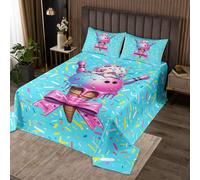 Manfei Parure de lit 3 pièces avec courtepointe bowling pour enfants garçons, motif crème glacée chic, nœud papillon, motif aquarelle bleu bonbon, couvre-lit avec 2 taies d'oreiller (très grand lit)