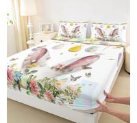 Manfei Parure de lit 3 pièces avec drap-housse à imprimé floral et 2 taies d'oreiller, motif lapin mignon, œufs colorés, décoration de chambre d'enfant, garçons et filles, literie douce (sans plat)