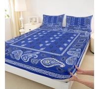 Manfei Parure de lit 3 pièces avec drap-housse bandana bohème chic avec 2 taies d'oreiller, décoration de chambre d'enfant, garçons et filles, bleu roi, pour très grand lit (sans plat)