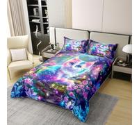 Manfei Parure de lit 3 pièces avec housse de couette 100 % coton motif chat mignon, imprimé floral violet, housse de couette sur le thème des animaux de dessin animé, décoration de chambre d'enfants