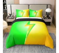 Manfei Parure de lit 3 pièces avec housse de couette 100 % coton pour enfants, garçons et femmes, housse de couette moderne et 2 taies d'oreiller, motif éclair 3D, pour lit double, jaune et vert