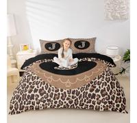 Manfei Parure de lit 3 pièces avec housse de couette à fermeture éclair, motif léopard africain, 2 taies d'oreiller, sans couette, motif lettre J, marron