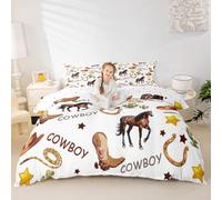 Manfei Parure de lit 3 pièces avec housse de couette de cow-boy, bottes, chapeaux, étoiles, fer à cheval, cactus, cheval occidental, décoration de chambre d'enfant, garçons et filles, 2 taies