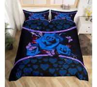 Manfei Parure de lit 3 pièces avec housse de couette et 2 taies d'oreiller à imprimé de fleurs bleues et cœurs pour filles et adultes, pour lit double, housse de couette légère