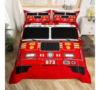 Manfei Parure de lit 3 pièces avec housse de couette et 2 taies d'oreiller motif camion de pompiers pour enfants, garçons, adolescents, décoration de chambre à coucher, voiture de pompiers rouge, pour