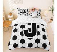 Manfei Parure de lit 3 pièces avec housse de couette et 2 taies d'oreiller pour enfants, garçons et adolescents, motif de football, motif lettre initiale J - Noir et blanc - Pour lit double
