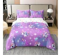 Manfei Parure de lit 3 pièces avec housse de couette licorne 100 % coton pour enfants, adolescents et adultes, housse de couette d'amour rose et violet, pour lit double, 2 taies d'oreiller