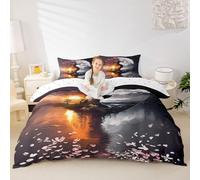 Manfei Parure de lit 3 pièces avec housse de couette motif arbre de vie, paysage naturel abstrait, décoration de chambre à coucher, parure de lit pour enfants, housse de couette noire et rose avec 2