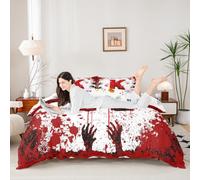 Manfei Parure de lit 3 pièces avec housse de couette rouge lettre K, aquarelle tie-dye sang et empreintes de main, housse de couette sur le thème d'Halloween, décoration de chambre d'enfant, garçons