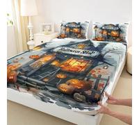 Manfei Parure de lit 3 pièces pour Halloween, motif citrouille, lanterne, château, chauve-souris, château, chauves-souris, décoration de chambre d'enfants, garçons et filles, literie douce (sans plat)