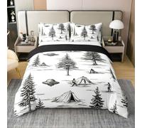 Manfei Parure de lit 3 pièces pour lit double 100 % coton avec motif de vaisseaux spatiaux extraterrestres et mystères - Pour garçons et filles - Housse de couette rétro à croquis de jungle - Blanc et