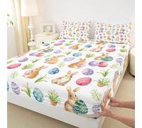 Manfei Parure de lit 3 pièces pour lit double avec 2 taies d'oreiller - Motif lapin coloré - Motif feuilles et fleurs aquarelles - Décoration de chambre d'enfant - Literie douce (sans plat)