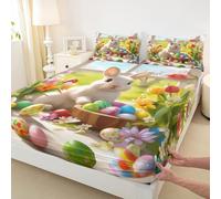 Manfei Parure de lit 3 pièces pour lit double, motif lapin blanc, jolis œufs colorés et fleurs avec 2 taies d'oreiller, décoration de chambre d'enfant, garçons et filles, literie douce (sans plat)