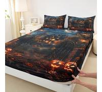 Manfei Parure de lit 3 pièces sur le thème d'Halloween - Drap-housse doux avec 2 taies d'oreiller - Motif château de nuit d'Halloween - Literie douce (sans plat)