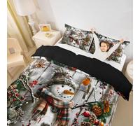 Manfei Parure de lit avec housse de couette motif bonhomme de neige et pomme de pin poinsettia, pomme de pin pour filles et garçons, décoration de chambre rustique de Noël, housse de couette grise et