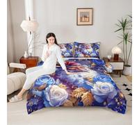 Manfei Parure de lit avec housse de couette pour lit simple, motif Père Noël, Nouvel An, rose, feuille, flocon de neige pour garçons et adolescents, décoration de chambre bleue pour toutes les saisons
