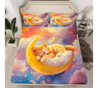 Manfei Parure de lit avec motif chat kawaii pour enfants - Parure de lit avec 2 taies d'oreiller - Literie en polyester doux avec motif de lune et d'étoiles dorées - Sans drap de dessus - Pour très
