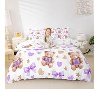 Manfei Parure de lit décorative à motif ours kawaii pour garçons et filles, housse de couette sur le thème de la vie sauvage, aquarelle, nœud violet, cœur pour enfants, adolescents, 1 taie d'oreiller