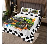 Manfei Parure de lit douce 2 pièces avec 1 taie d'oreiller, motif camion vert, motif voiture de dessin animé, couvre-lit matelassé avec 1 taie d'oreiller, décoration de chambre d'enfant et de garçon