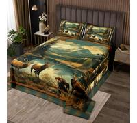 Manfei Parure de lit douce 3 pièces à motif de cerf rustique avec 2 taies d'oreiller, couvre-lit matelassé à motif d'animaux sauvages et de chasse, pour très grand lit, vert