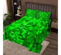 Manfei Parure de lit douce 3 pièces avec 2 taies d'oreiller, couvre-lit matelassé à motif géométrique pixelisé à carreaux pour lit double, vert