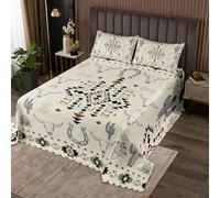 Manfei Parure de lit douce 3 pièces avec couvre-lit matelassé et 2 taies d'oreiller, motif tête de taureau aztèque, style bohème, abstrait, géométrique, vintage, pour très grand lit, motif cactus