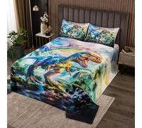 Manfei Parure de lit douce 3 pièces avec couvre-lit matelassé et 2 taies d'oreiller sur le thème des animaux sauvages - Couvre-lit pour lit double - Motif dinosaures - Décoration de chambre d'enfant