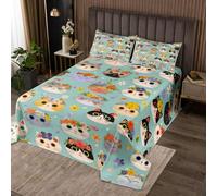 Manfei Parure de lit douce 3 pièces avec motif chat kawaii pour lit double - Couvre-lit matelassé avec 2 taies d'oreiller - Décoration de chambre d'enfants et de garçons - Couvre-lit doux à motif de