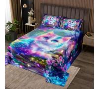 Manfei Parure de lit douce 3 pièces avec motif chat mignon, imprimé floral violet, couvre-lit matelassé avec 2 taies d'oreiller, décoration de chambre d'enfant et de garçon, pour très grand lit