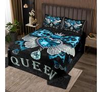 Manfei Parure de lit douce 3 pièces avec nœud bleu, motif léopard et papillon, couvre-lit matelassé avec 2 taies d'oreiller, décoration de chambre d'enfant et de garçon, noir chic