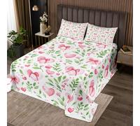 Manfei Parure de lit douce 3 pièces avec nœud mignon et cœurs - Motif fleurs roses et feuilles vertes - Couvre-lit matelassé avec 2 taies d'oreiller - Décoration de chambre d'enfant et de garçon