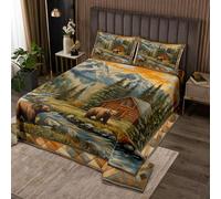 Manfei Parure de lit douce de 3 pièces avec couvre-lit matelassé et 2 taies d'oreiller, motif ours cabane et animaux sauvages, pour décoration de chambre d'enfant et de garçon, pour lit double