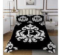 Manfei Parure de lit matelassée 3 pièces avec 2 taies d'oreiller Motif floral damassé style baroque victorien avec monogramme P pour décoration de chambre à coucher Lit double