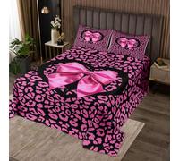 Manfei Parure de lit moderne avec nœud en ruban pour enfants, garçons et filles, motif léopard rose, noir, couvre-lit matelassé décoratif pour lit double