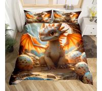 Manfei Parure de lit motif dragon mignon pour enfants - Housse de couette en polyester doux, 1 taie d'oreiller, sans couette - Motif œufs de dragon occidental - Pour lit simple
