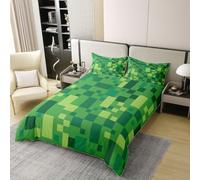 Manfei Parure de lit pour enfants avec housse de couette 100 % coton - Motif à carreaux pixelisés - Décoration de chambre à coucher - Motif géométrique abstrait - Vert - 2 taies d'oreiller (sans