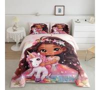 Manfei Parure de lit princesse en duvet pour lit simple, motif licorne mignonne, parure de lit noire à motif de licorne florale pour petite fille, décoration de chambre d'enfant, housse de couette de