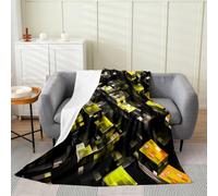 Manfei Pixelated Couverture en flanelle pour enfants, jeux vidéo à grille patchwork, décoration de canapé en treillis abstrait pour filles et garçons, jaune et noir, taille couvre-lit (127 x 152,4 cm)
