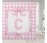 Manfei Preppy Ensemble de rideaux de douche avec nœud et lettre initiale C, rideaux de bain pour enfants, décoration de stalles mignonnes princesses géométriques, vichy, rideaux imperméables 183 x 198