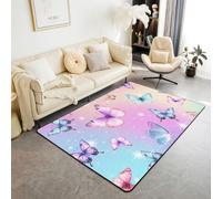 Manfei Pretty Butterfly Tapis d'intérieur antidérapant pour enfants, motif papillons aquarelle, tapis d'entrée pour filles et garçons, fleurs romantiques, décoration de salon, bleu, violet, vert, 0,9