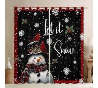 Manfei Rideau de fenêtre bonhomme de neige d'hiver, rideau de traitement de fenêtre Merry Christmas pour enfants, garçons, adolescents, rideaux rouges et noirs à carreaux pour chambre à coucher